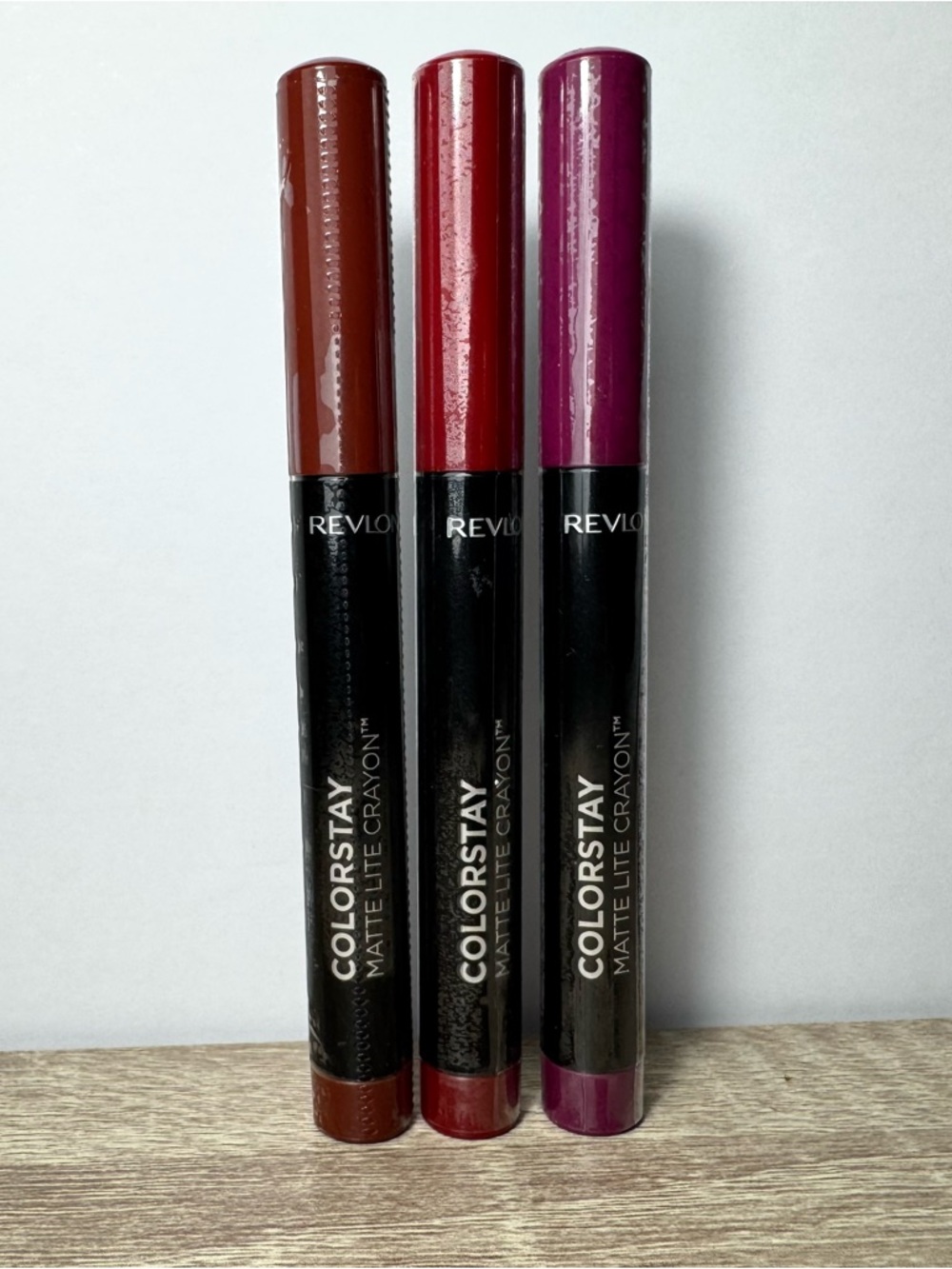 Revlon Matte Lip Crayon Trio - Brown, Red, Berry. Lot of 3 new & factory sealed